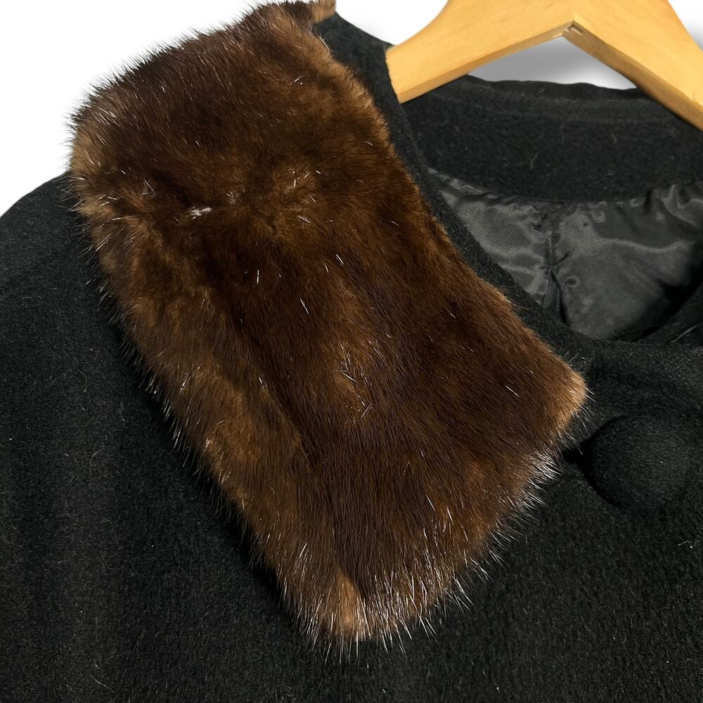 Vintage 60s Wool Swing Coat Black Mink Fur Collar Lined Size Large Camel Hair(?) - Picture 7 of 14